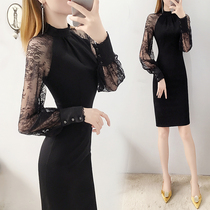 Black one-piece dress lady Early spring workout slim early spring hit bottom inner Hitch bunny style Hip Skirt Temperament