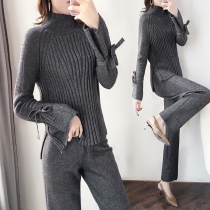 Western-style knitted bottoming sense wide-leg pants suit womens autumn and winter 2021 new temperament casual sweater two-piece suit
