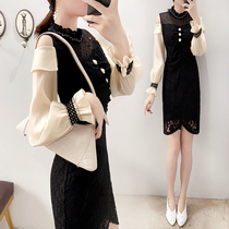 Herben light-cooked wind lace splicing one-piece dress womens spring and autumn season 2022 new French style retro elegant dress temperament