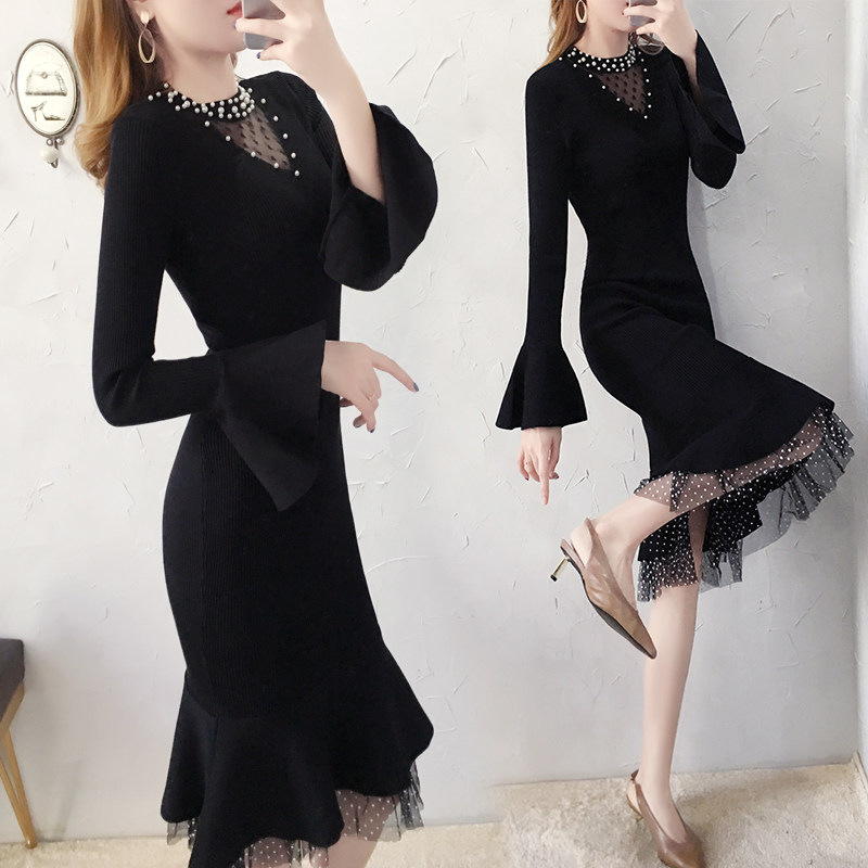 Knit Ocean Dress 2022 New Fall Temperament Fan Clothing Long Version Sweater Skirt Over Knee Bottom Skirt Spring