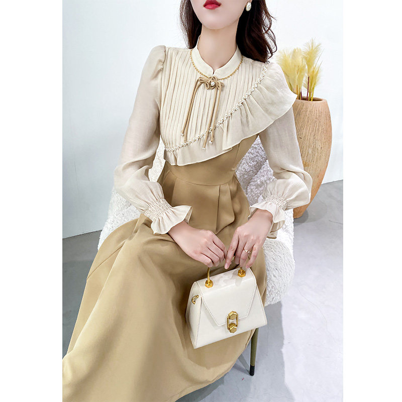 Early autumn high-end light lavish temperament name Yuanyuan Gentle Wind Retro Ancient Tea Hysteria with dress goddess Gauguin tall dress-Taobao