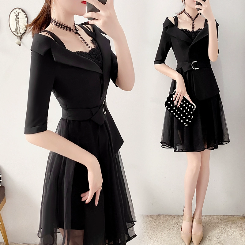 Váy đen nữ mùa hè chuyên nghiệp ăn mặc thời trang lưới phong cách Hepburn nhỏ váy đen eo váy chữ A mỏng - A-Line Váy