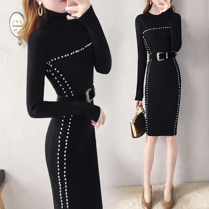 High Collar Inner Hitch Bottom Dress Children Spring Fall Black Knit Foreign Dress Thickening in a slim medium long version of temperament