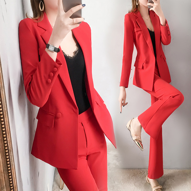 Spring Dress 2022 New Red Pro Small Suit Jacket Suit Woman Fashion Temperament Broadlegged Pants Two Sets