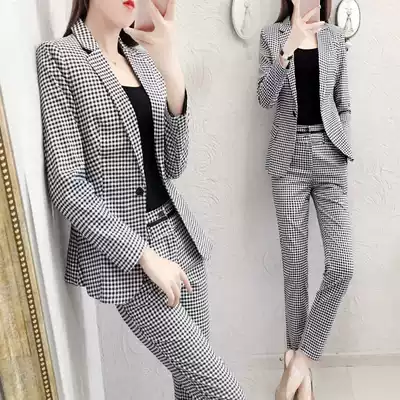 2021 early autumn new professional suit suit suit female Korean fashion temperament Plaid small suit two-piece Foreign School