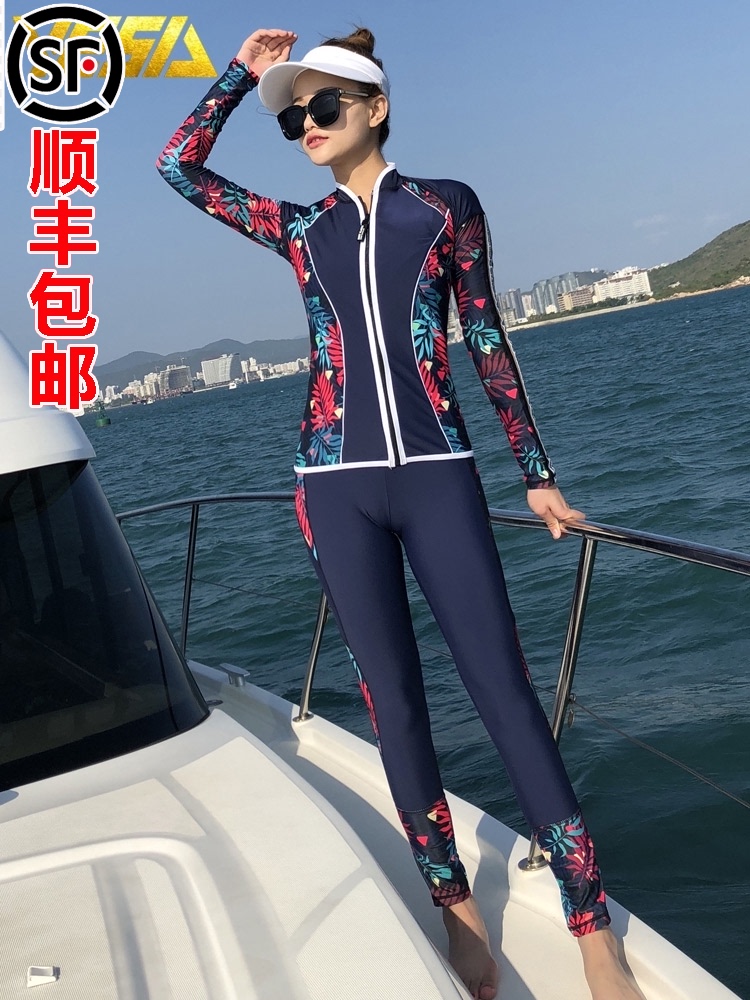 Wetsuit women's long-sleeved two-piece sunscreen conservative large size four-piece set surf waterslide suit Swimming waterproof mother suit Swimsuit