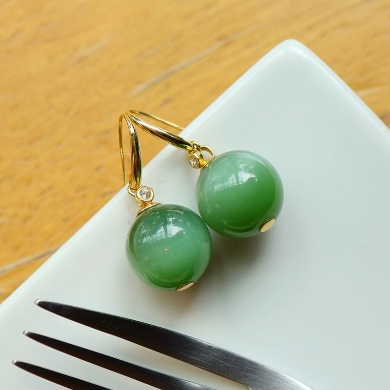 18K Gold Inlaid Hetian Jade Pink-Green Cat's Eye Earrings for Women, Jade Earrings, Earrings, Gifts for Wife, Mother, Mom