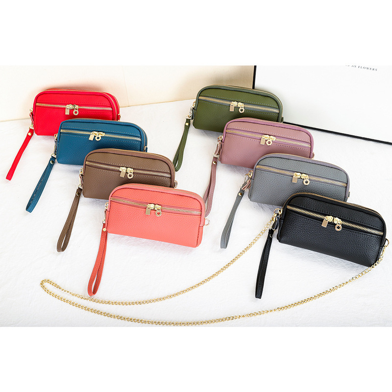 First-Layer Cowhide Clutch Bag for Women 2024 New Mobile Phone Bag Long Wallet Versatile Crossbody Bag Genuine Leather Chain Small Bag