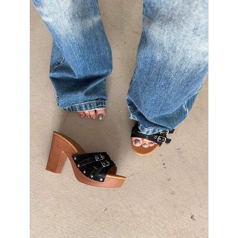Belt Buckle Rivet Height-Increasing Sandals with Waterproof Platform, Retro Peep-Toe Vintage Shoes, Summer Chunky Heel High-Heeled Outdoor Slippers for Women Belt Buckle Rivet Height-Increasing Sandals with Waterproof Platform, Retro Peep-Toe Vintage Shoes, Summer Chunky Heel High-Heeled Outdoor Slippers for Women