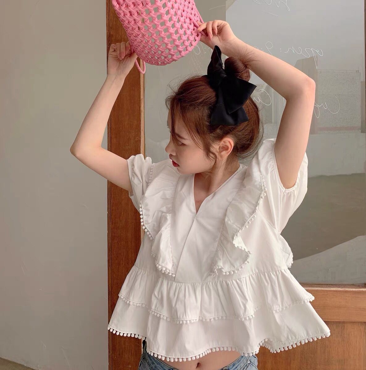 2021 College Wind Summer New Korean version Fashion easing explicit Thin v Lotus Leaf Side Temperament Small Subshirt Woman-Taobao