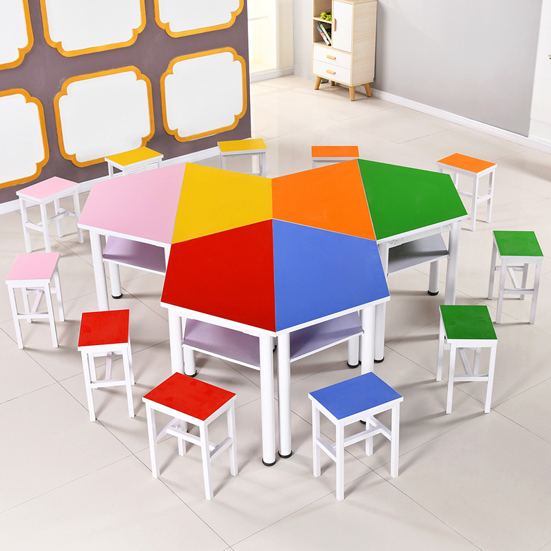 Primary School Students Group Counselling Splicing Table Library Reading Room Table And Chairs Young Children Fine Arts Table Color Trapezoidal Composition Table