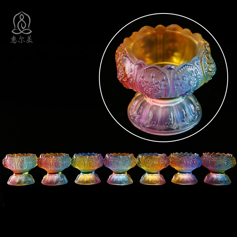 Colorful glazed glass supply cup water supply cup for Buddha cup seven for eight auspicious lotus glass pure holy water cup eight for bowl ornaments