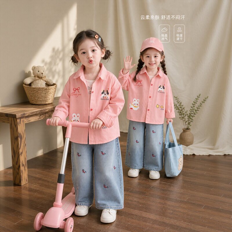 French Slp Kiss Girls' Autum Shirt 2026 New Fashion Pink Puppy Print Shirt for Girls