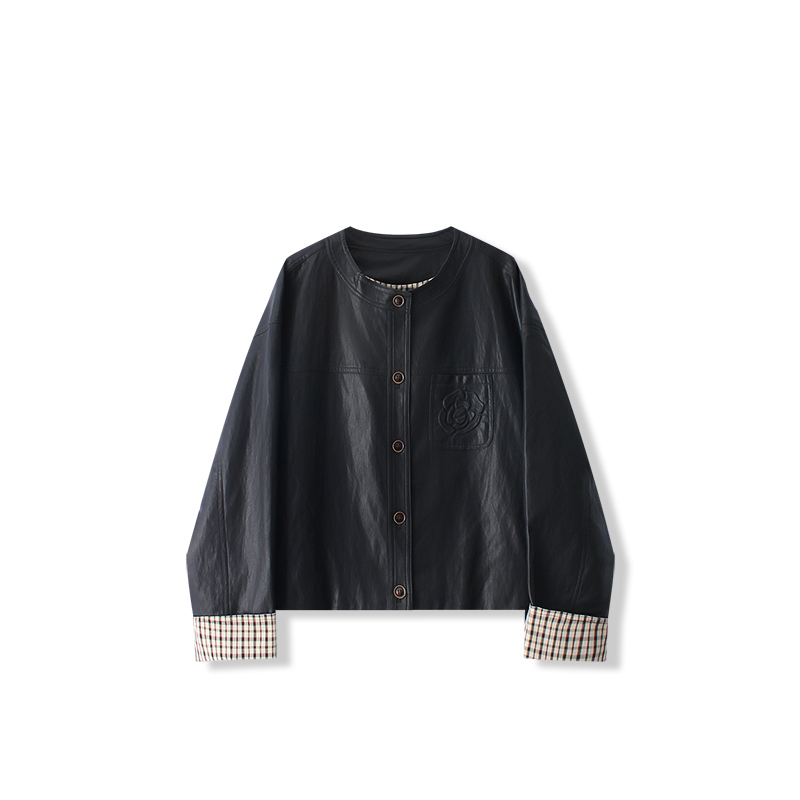 【Hot-Selling Collarless Leather Jacket】M.I.U Series Same Source, Soft and Lightweight, Round-Neck Embossed Casual Leather Jacket