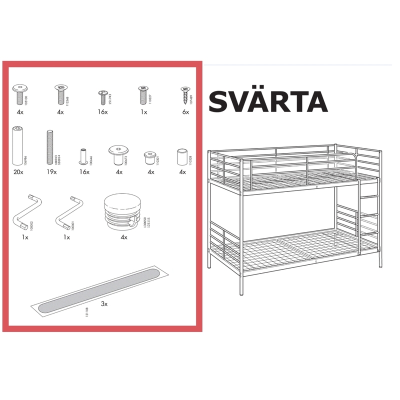 Ikea Iron Frame Bed Installation Screws and Accessories, Complete Set of Accessories, Svarta Children's Loft Bed