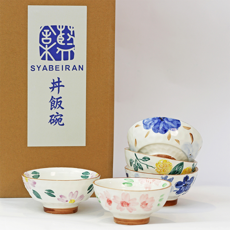 Shemi Blue Japanese-Style Hand-Painted Floral Ceramic Bowl Set, Household Tableware, Creative Bowl Set, Retro