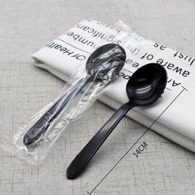 Shengrongya disposable plastic soup spoon long handle round head black spoon plastic dessert spoon fast food spoon takeaway tableware