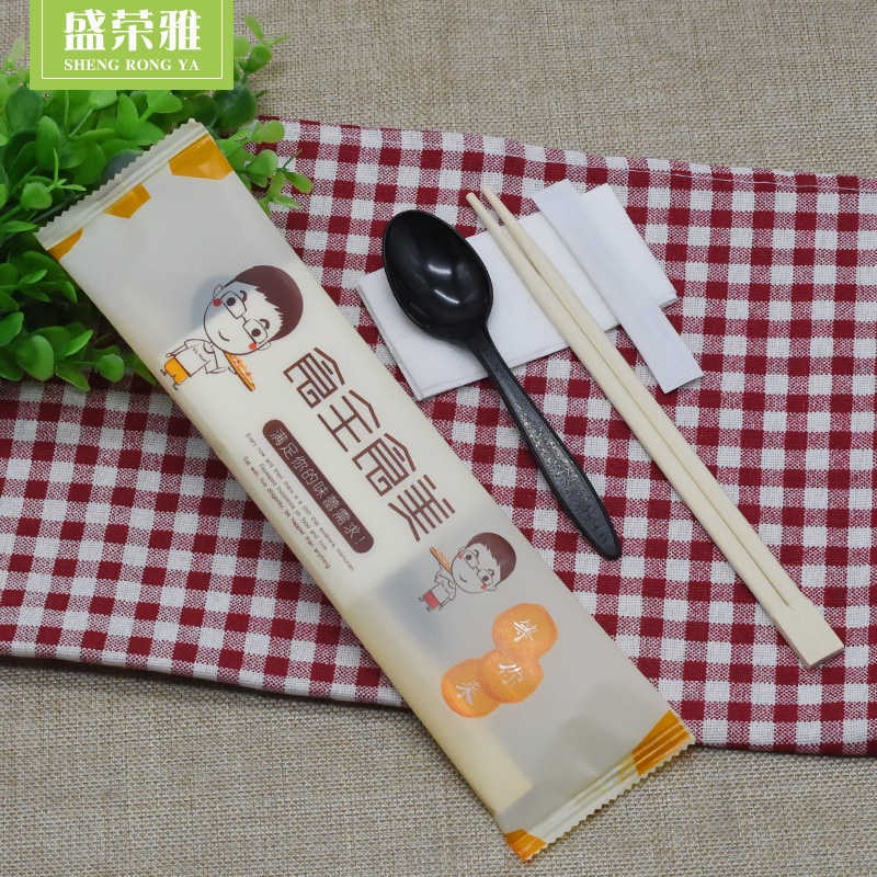 Sheng Rongya disposable chopsticks four-piece set disposable tableware chopsticks Paper towel spoon Plastic packaging delivery chopsticks