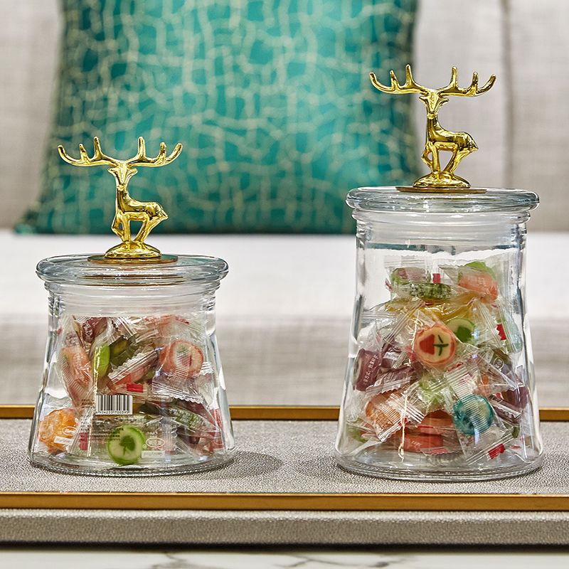 Simple European-style golden deer transparent glass sealed model room living room decoration storage jar candy and dried fruit jar storage jar