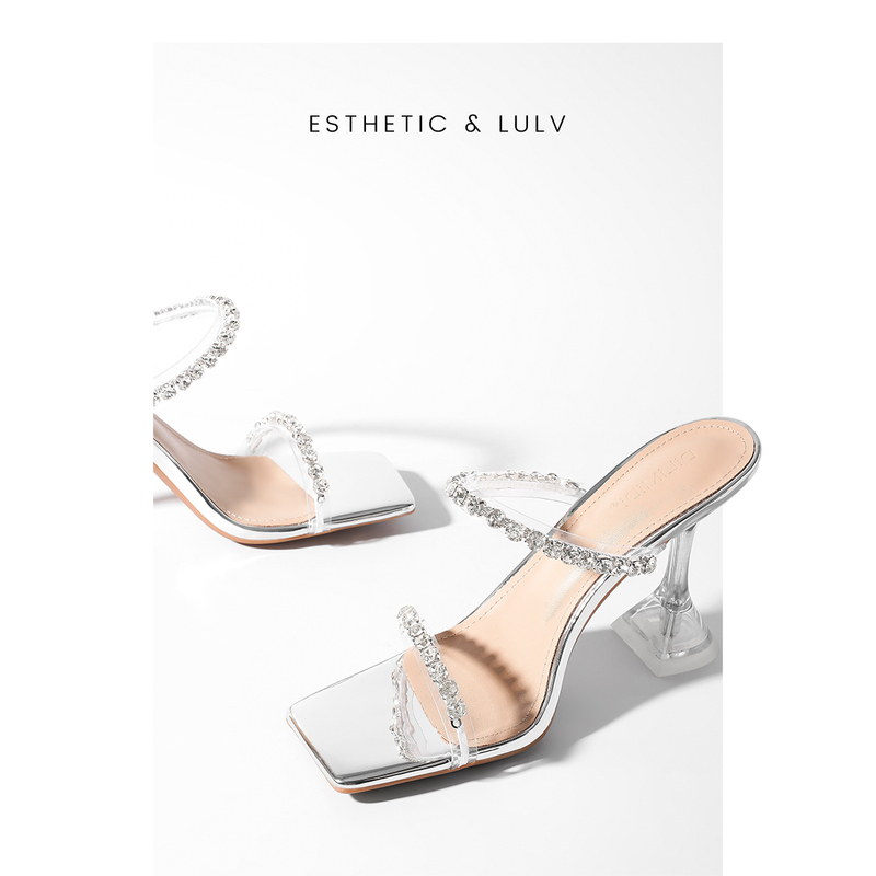 Silver High-Heeled Shoes for Women, Summer Chunky Heel Rhinestone High-Heeled Sandals, Women's Summer Silver High-Heeled Slippers for Outdoor Wear