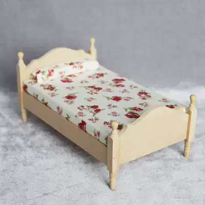 1 12娃娃屋dollhouse迷你家具模型卧室场景diy素坯单人床配床垫