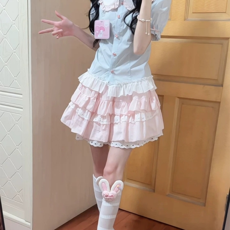 Dopamine Sweet Girl Outfit: a Complete Set of Cute Doll Collar Shirt and Pink Puffy Cake Skirt Two-Piece Set