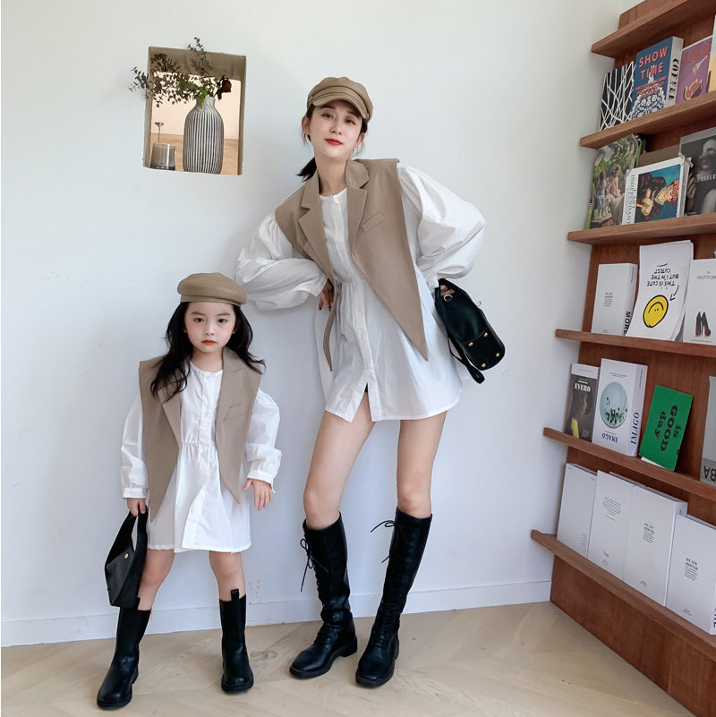Special parent-child clothing fried street high-end mother and daughter clothing 2022 autumn new Western style shirt-style dress suit shawl