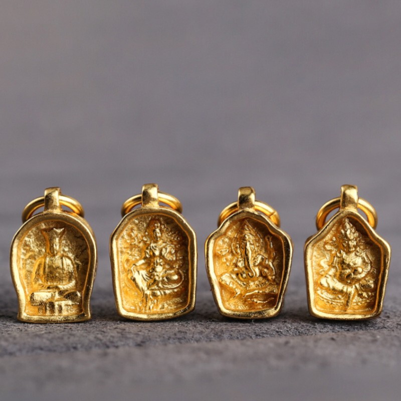 S925 Silver Gold-Plated Mini Buddha Shrine Yellow Wealth God Small Pendant Side-Hanging Ornament Green Tara Ksitigarbha Elephant God Pendant