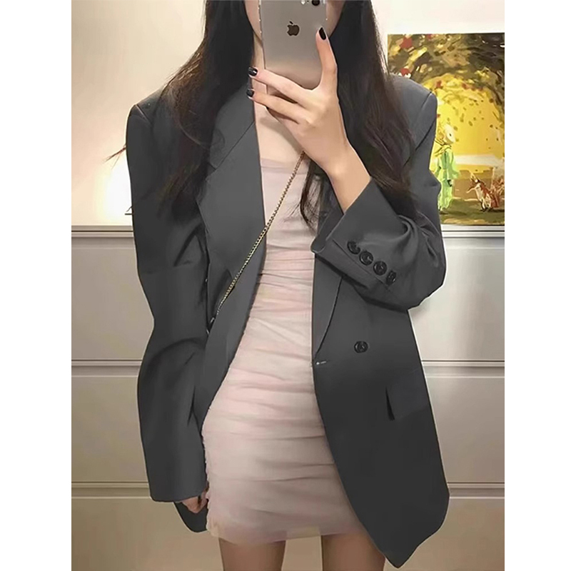 High-End Gray Blazer for Women, Spring and Autumn 2025 New Style, Loose Oversize Black Small Suit Set