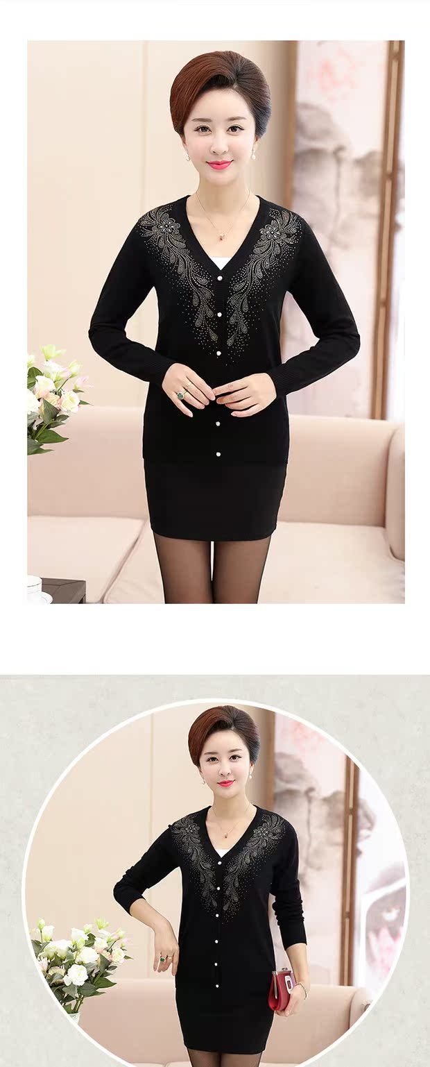 Áo len cổ lọ cho phụ nữ trung niên mới 2018 cài áo len dệt kim đính kim cương Áo len cashmere cổ chữ V - Cardigan áo len khoác ngoài