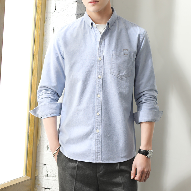 Spring Autumn Money Long Sleeve Shirt Male loose Oxford Textile casual men's shirt Korean version Trend pure color flipping minimalist