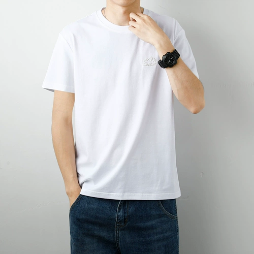 Мужская летняя шелковая белая футболка для отдыха, с вышивкой, круглый воротник