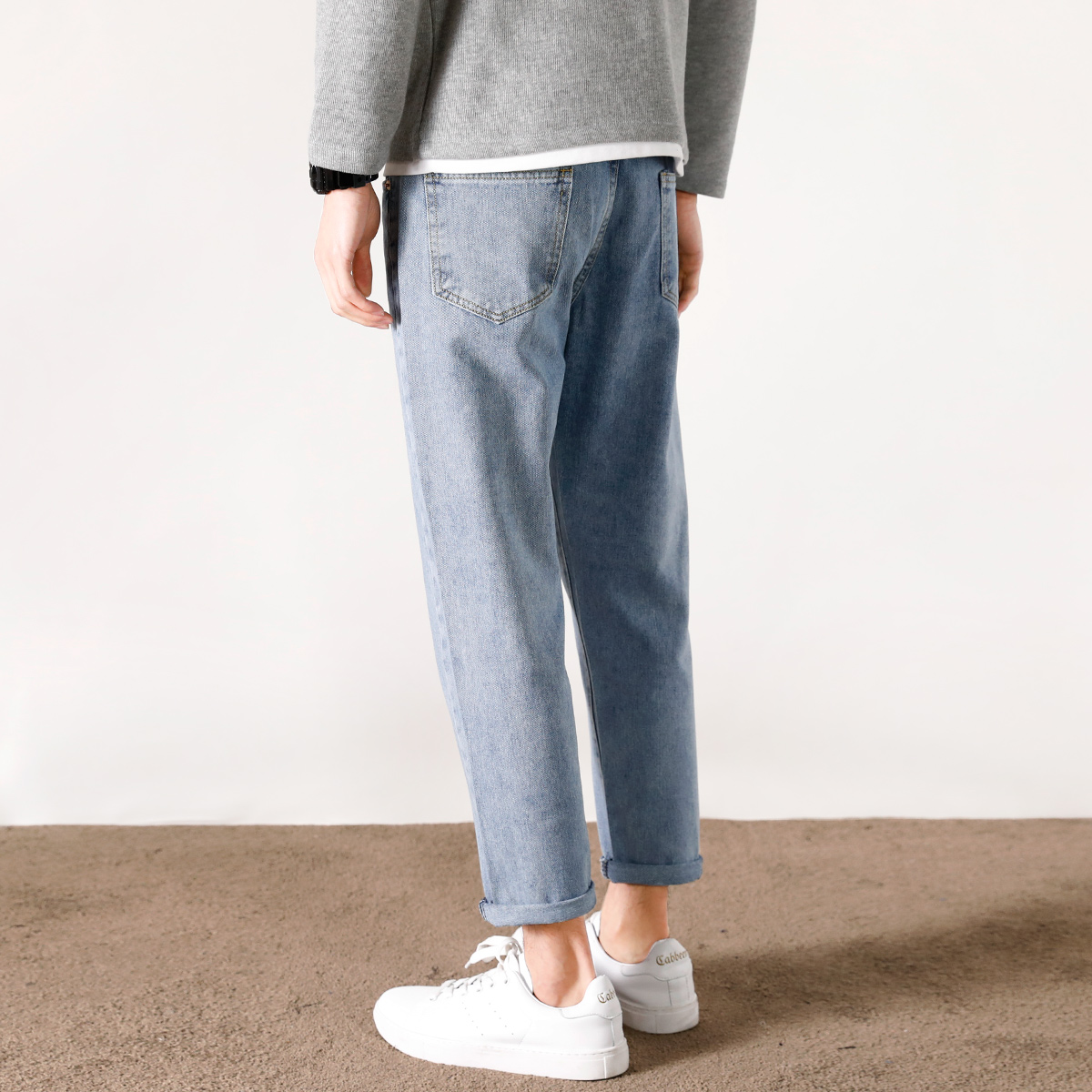 Spring men's 90% jeans Men's straight cylinder loose Harun light blue casual washed with wide leg Old daddy pants