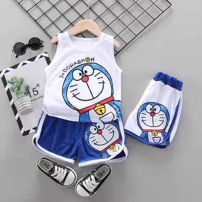 Male baby summer short-sleeved cotton t-shirt men and women children 1-3 years old jingle cat cartoon robot cat children's suit thin