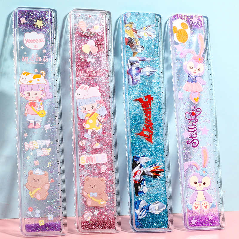 Cute in oil flow sand ruler Ruler Elementary School Kids Special Transparent Ruler Cartoon 20cm Wave Child Girl Hearts-Taobao