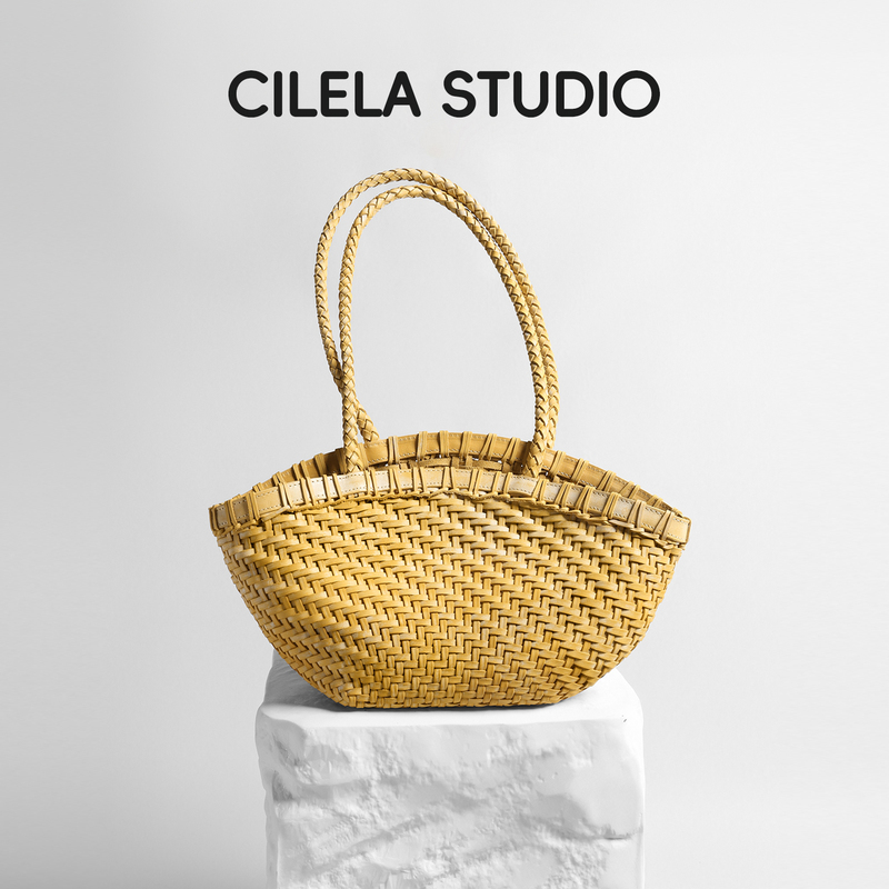 Xilena First-Layer Matte Waxed Leather Basket Woven Bag Shell Tote Bag Handbag Shoulder Bag Underarm Bag for Women Summer