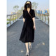 Black dress women's summer new Hepburn style French V-neck high-quality temperament temperament waist slimming a-line long skirt