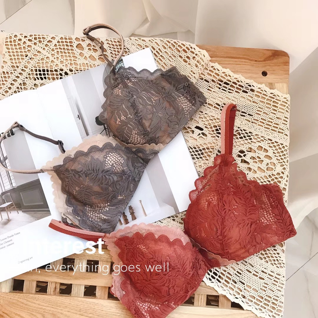 Youbaxi Petal Lace Small Breast Ultra Gather Thick Cup Receiving Side Breast No Steel Ring Sexy AB Cup Underwear Suit Bra