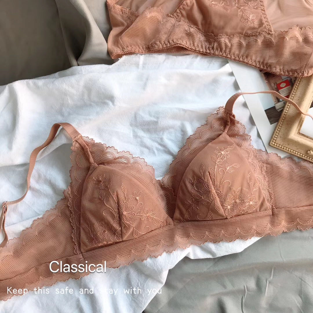 Youbaxi French triangle cup, small chest, side milk, gathered slightly thick cup, no steel ring underwear set, AB cup