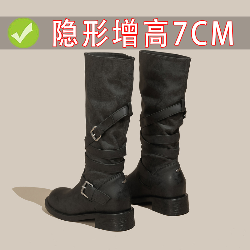 Cowhide Version ~ 7cm Height Increase, Vintage Style, Distressed Leather Buckle Knight Boots, Women's Western Slouch Boots, Long Boots Cowhide Version ~ 7cm Height Increase, Vintage Style, Distressed Leather Buckle Knight Boots, Women's Western Slouch Boots, Long Boots