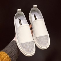 2021 spring new Korean fashion Joker thick-soled casual womens shoes leather rhinestone round head flat loafers