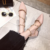 Hollow word buckle sandals female Korean version 2021 spring and summer new fashion rivets shallow tip thick heel shoes