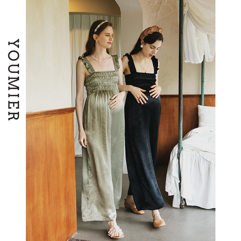 Umier Maternity Wear Summer New Style Maternity Overalls Loose Thin One-Piece Wide-Leg Pants 100% Acetate