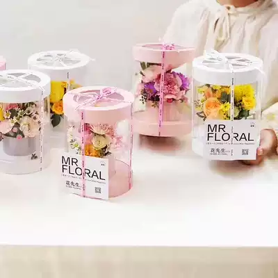 Round packing box floral holding bucket window box gift box transparent gift box black flower arrangement with hand gift box