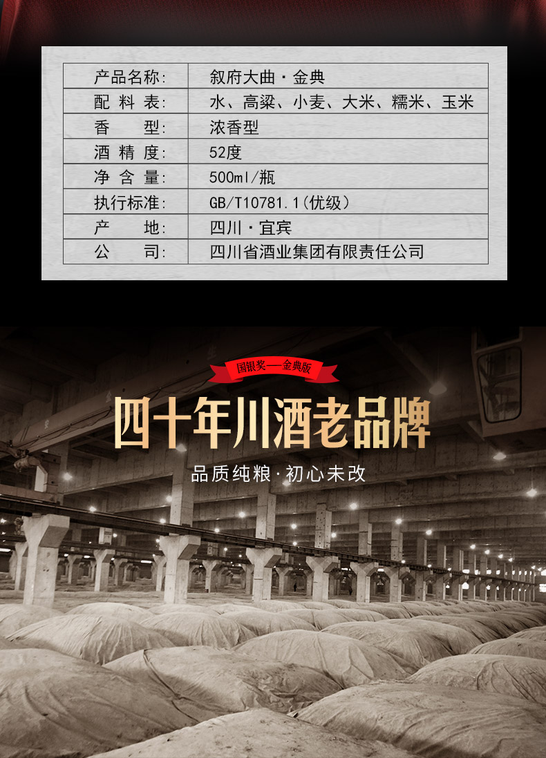 1984国银奖纪念款 叙府 金典 52度 浓香型纯粮食白酒 500ml*6瓶 图2