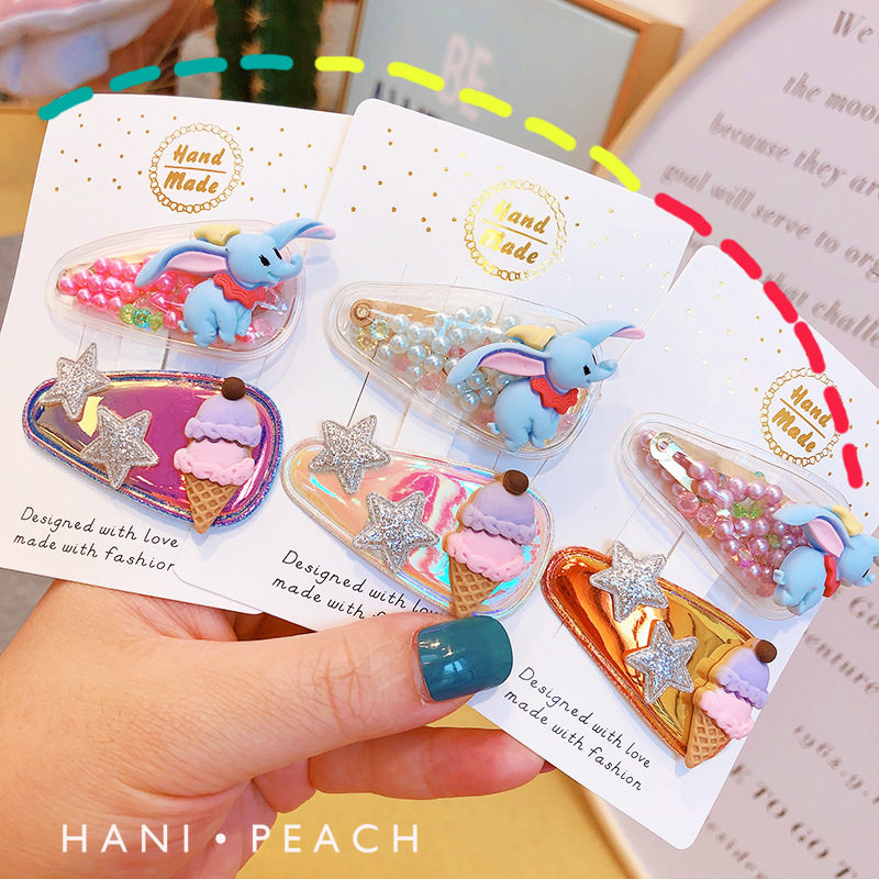 South Korea Ins Bright Sheet Sea Star Ice Cream BB Clip Soft Pottery Small Elephant Colorful Travel Hairclip Round Pearl Child Side Clip