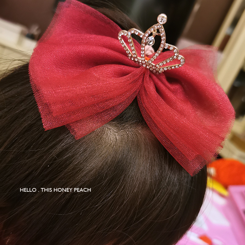 New Year's red festive princess Fengshui diamond crown lace bow children's baby duckbill clip edge clip