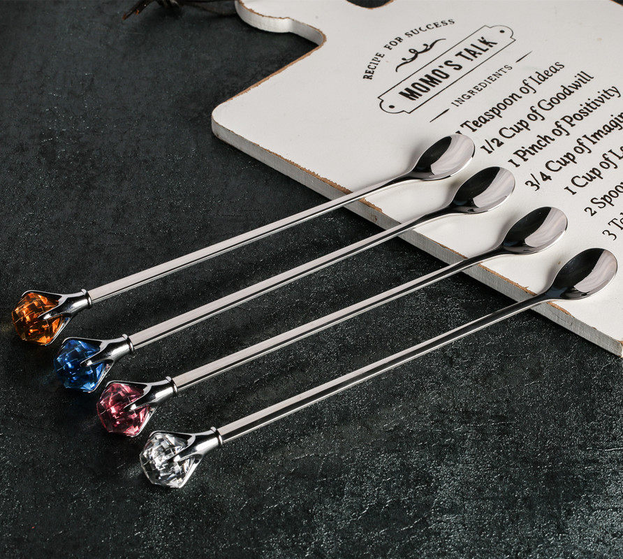 Diamond Long Handle Coffee Stirring Spoon Sand Ice Spoon Stainless Steel Milk Tea Stir Stick Cute Crystal Sweet Spoon Cutlery