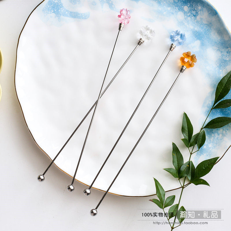 Four Leaf Grass Stainless Steel Coffee Stirring Rod Crystal Slim stirring spoons Juice Milk Powder Stirrers Blend Wine Bars