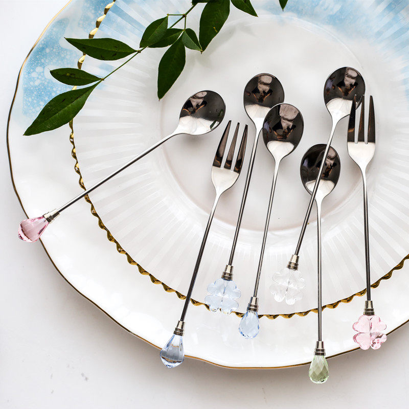 Genuine crystal clear dreamy water drop four-leaf clover stirring spoon stainless steel coffee spoon stirring stick fruit fork